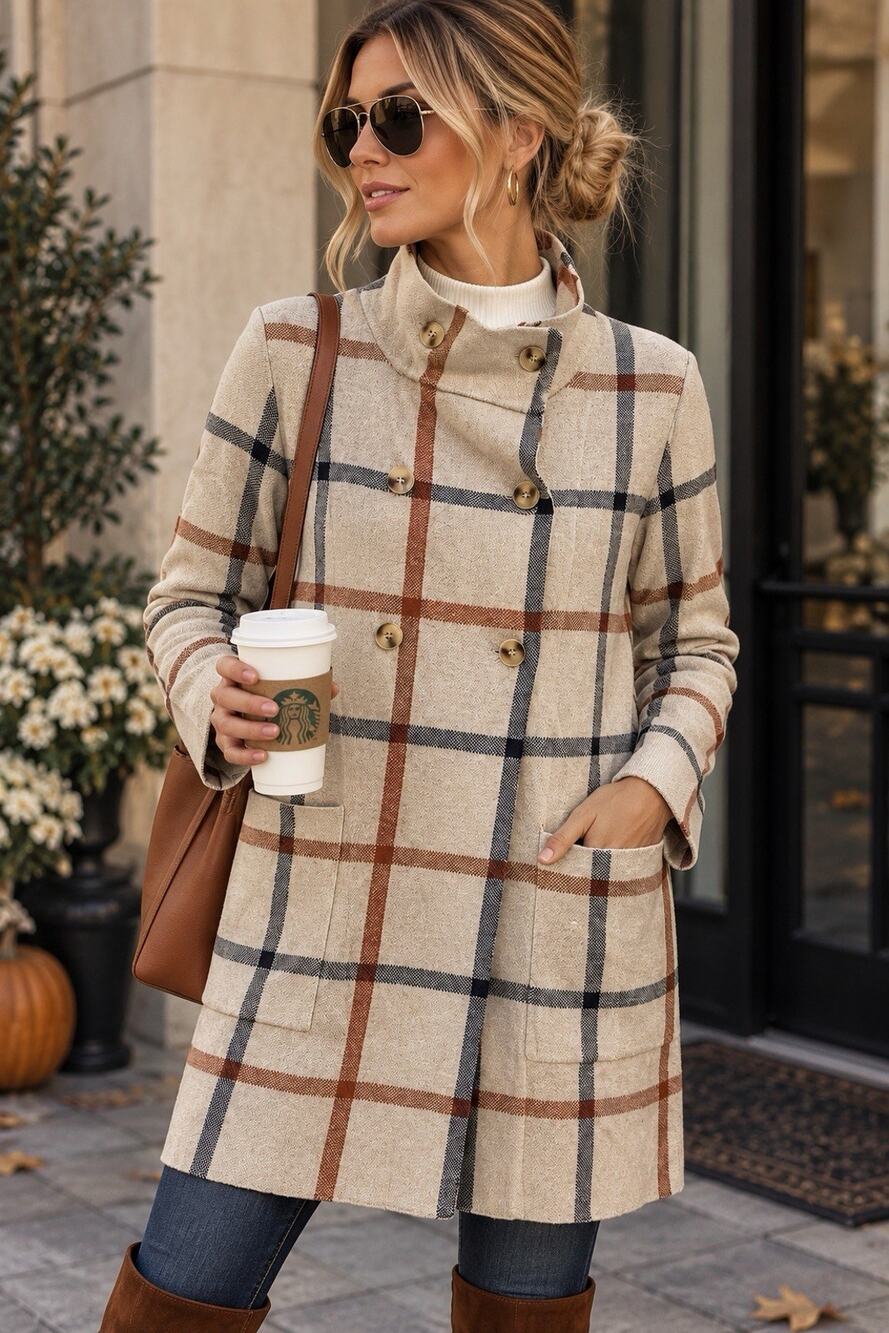 Halston Women’s S Plaid Sweater Coat Double Breasted Beige Rust Navy Long Jacket